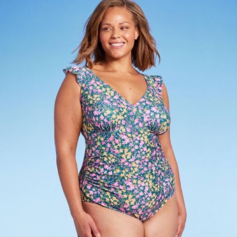 Ruffle Shoulder Ruched Full Coverage Swimsuit